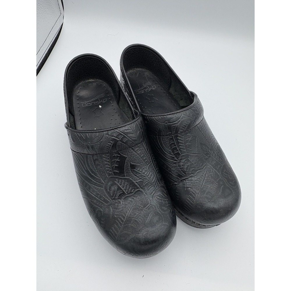 Dansko Professional Clogs Shoes Womens Size 6.5 Black Floral Embossed Leather‎